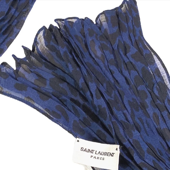 Saint Laurent Blue/Black Baby Cat Leopard Printed Wool Silk Long Scarf/Wrap - Picture 2 of 2